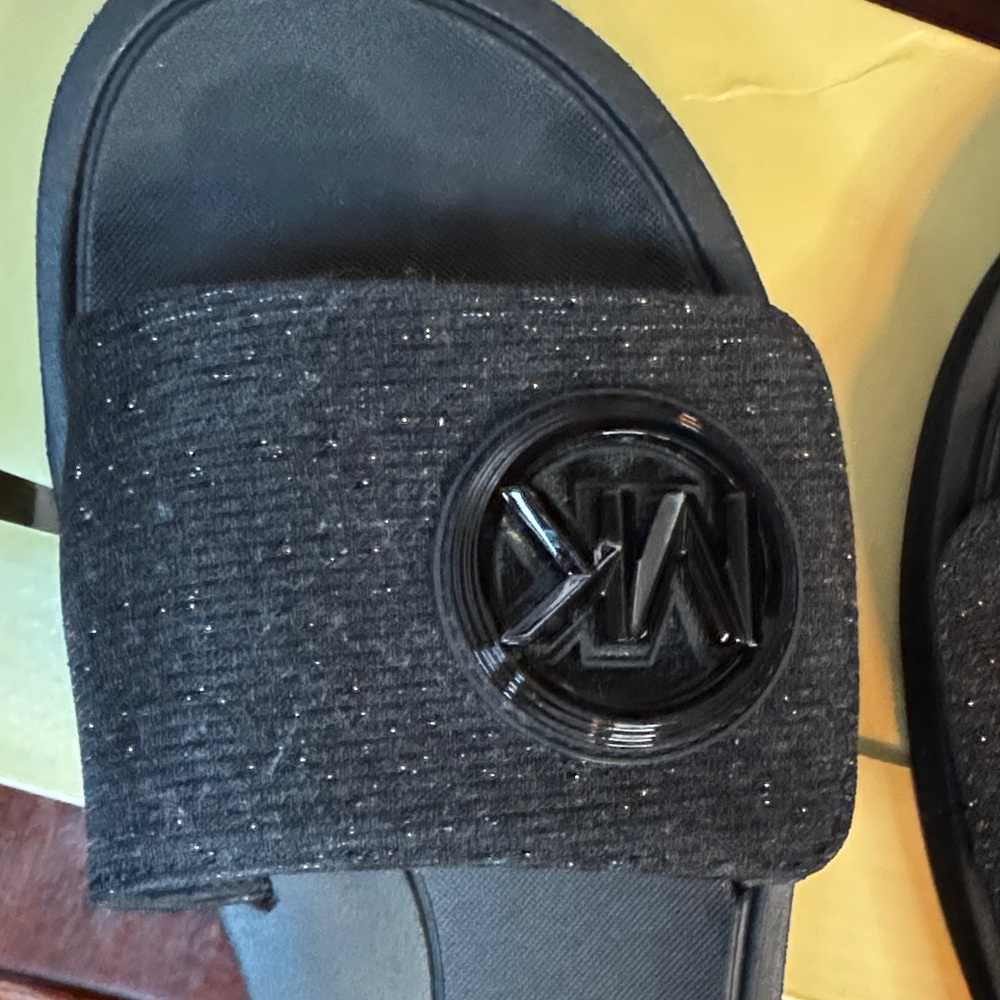 EUC Michael Kors Glitter Black Slides Velcro Closure Size 8 MK Charm  Branding - Picture 9 of 14